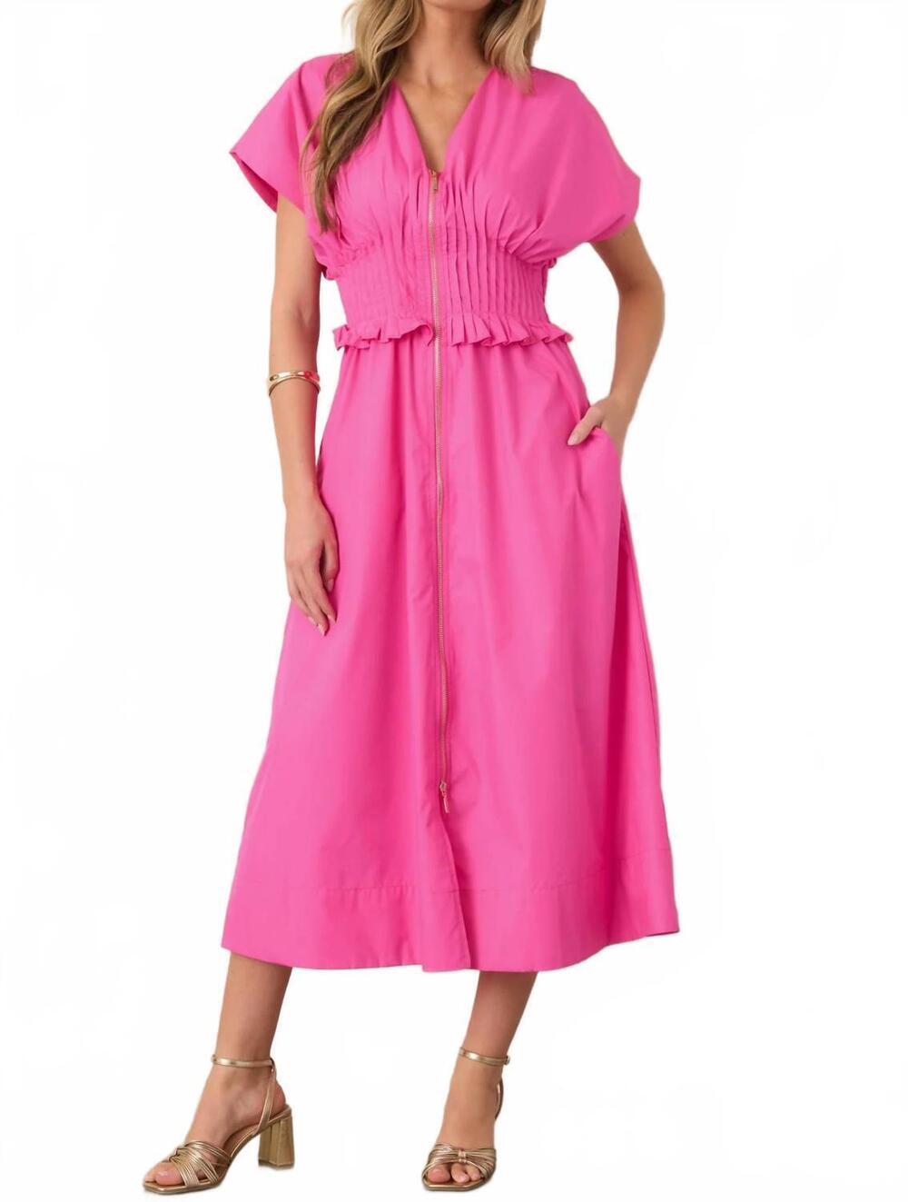 NEW ENTRO mocked waist zip midi dress in pink